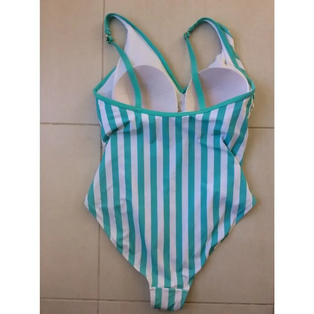 Kona Sol Swim One Piece Swimsuit Ruched Striped Summer Beach